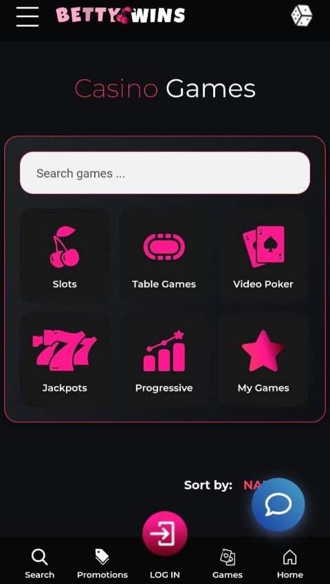 Search casino games by category in BettyWins mobile app
