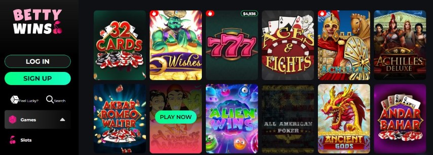 Search and play various casino slots at Betty Wins