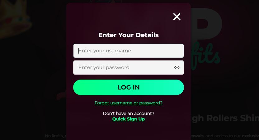 Enter username and password to log in BettyWins account