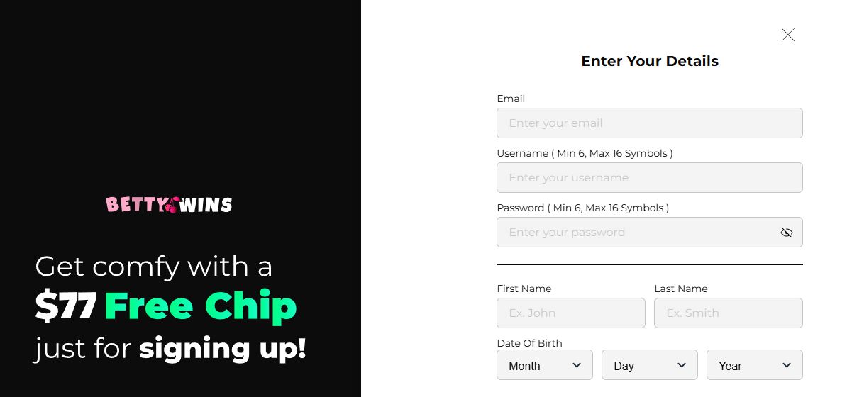 Register new BettyWins account and get $77 free chip
