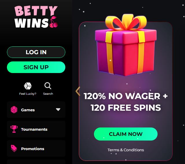 Visit BettyWins homepage and claim 120% bonus with 120 free spins